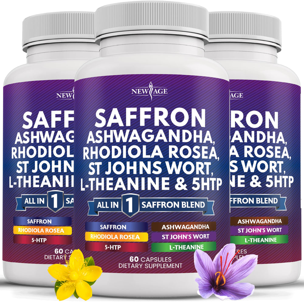 NEW AGE Saffron supplement bottle with 60 capsules