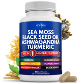 Bottle of New Age Sea Moss and Black Seed Oil with Ashwagandha and Turmeric