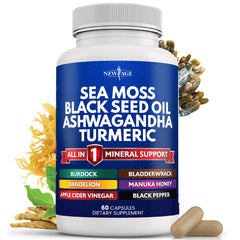 Bottle of New Age Sea Moss and Black Seed Oil with Ashwagandha and Turmeric