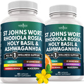 New Age St Johns Wort Rhodiola Ashwagandha Holy Basil Vitamin C Black Pepper bottle 120 count