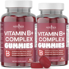 Front label of NEW AGE Vitamin B Complex Gummies showing B3, B5, B6, B7 (Biotin), B9 (Folic Acid), and B12