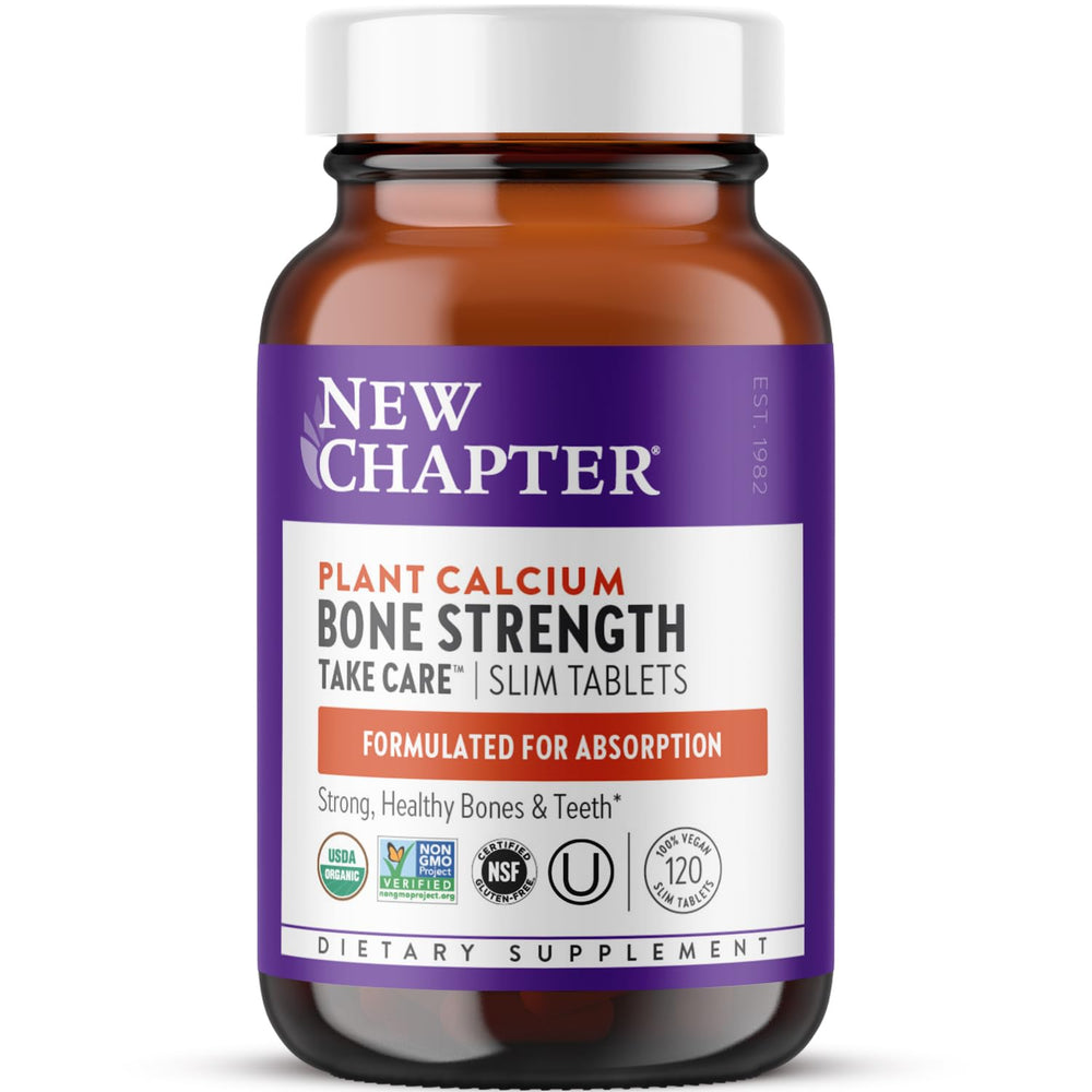 New Chapter calcium plant-based bottle highlighting organic formula for bone support