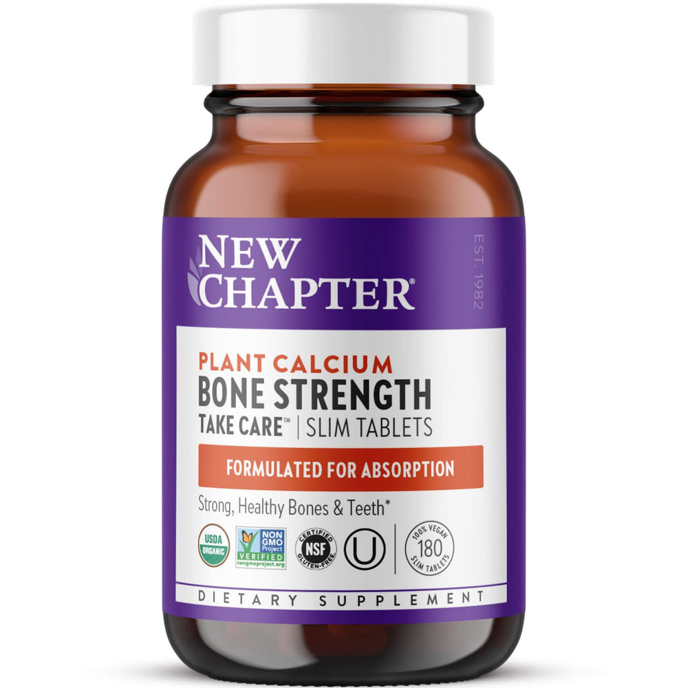 New Chapter calcium supplement bottle with organic plant-based calcium from Red Marine Algae