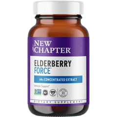 New Chapter Elderberry Force bottle label showcasing 64x concentrated Black Elderberry and Black Currant