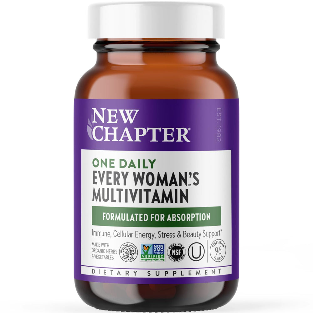 Bottle of New Chapter Women's Multivitamin conveying immune, energy and beauty support