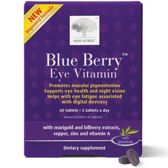 NEW NORDIC Blue Berry Eye Vitamin bottle on white background for eye health support.