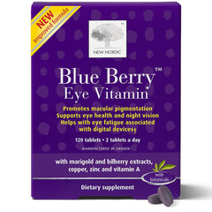 Product hero image showing NEW NORDIC Blue Berry Eye Vitamin Lutein Zinc 120 tablets Pack of 1