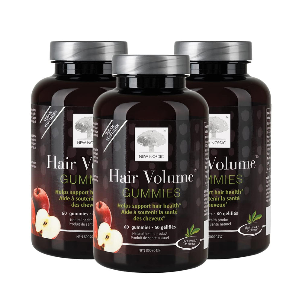 Front view of NEW NORDIC Hair Volume Gummies bottle with Pack of 3