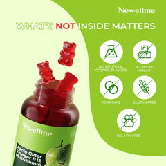 NEWELLME two gummies on a spoon displaying chewable vegan texture