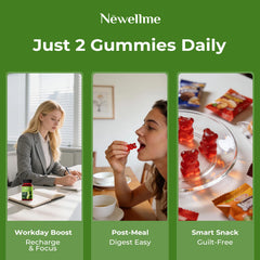 NEWELLME organic vitamin gummies ingredients panel emphasizes non-GMO and gluten-free promise.