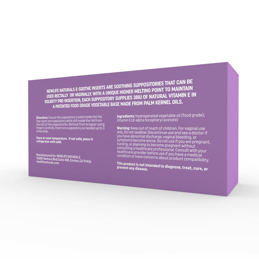 Box showing 48 inserts for NewLife Naturals Vitamin E Suppositories