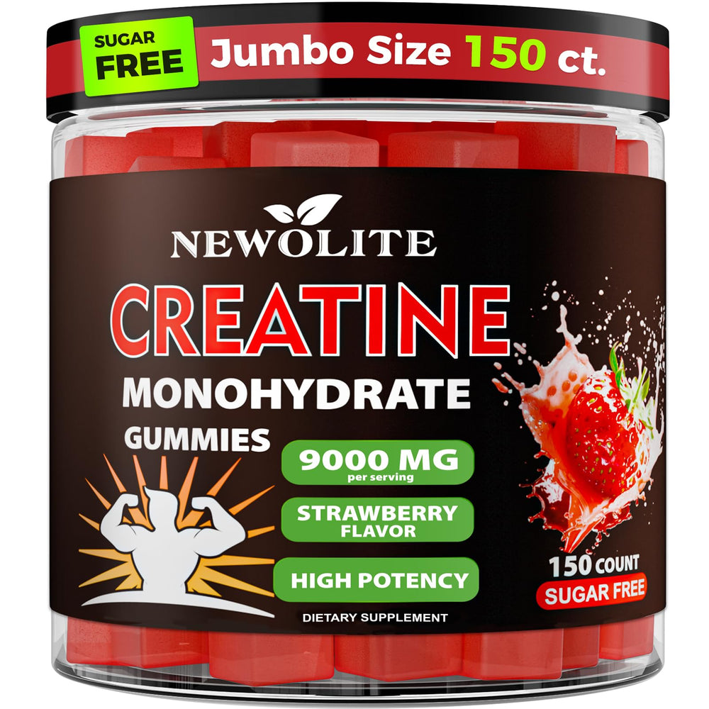 Front view of NEWOLITE Creatine Monohydrate Gummies bottle in strawberry flavor