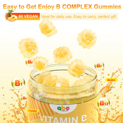 Illustration of eight B vitamins (B1, B2, B3, B5, B6, B7, B9, B12)