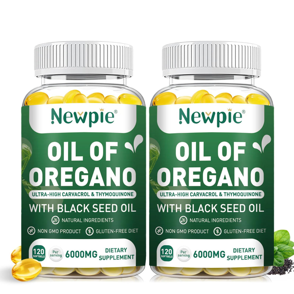 Front view of Newpie Oil of Oregano with Black Seed Oil Softgels bottle