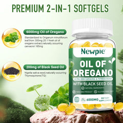 Nutrition panel indicating 6000 mg oregano oil and 200 mg black seed oil per serving
