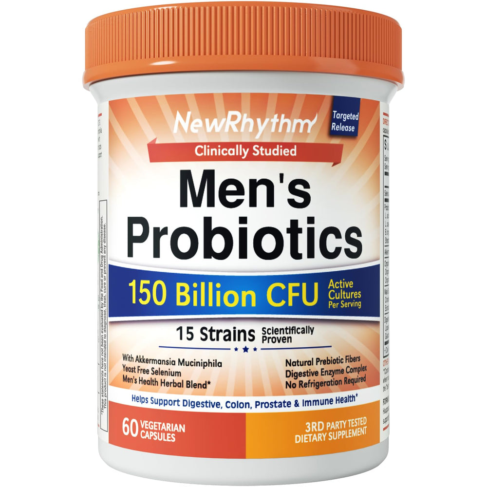 NewRhythm Probiotics for Men bottle showing 150B CFU