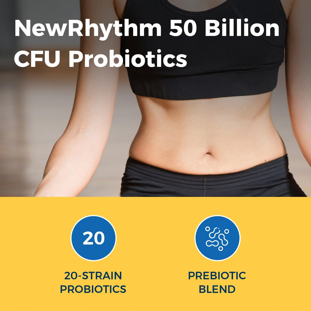 NewRhythm Probiotics Targeted-release technology illustration hints at acid resistance.
