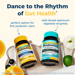 Made in USA stamp on NewRhythm Probiotics packaging highlights GMP quality.