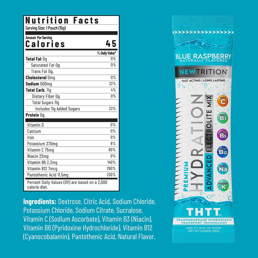 NewTrition hydration powder blue raspberry packet closeup showing flavorful electrolyte mix for on-the-go hydration.