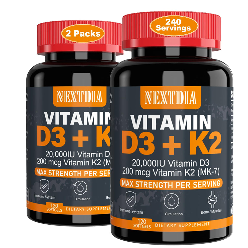 Nextdia D3 + K2 softgels bottle front with label