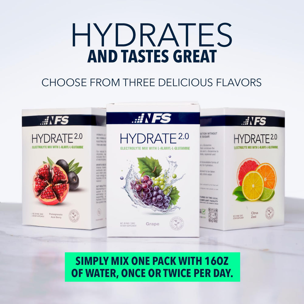 NF Sports Hydrate 2.0 recovery scene after workout with glass and packets.