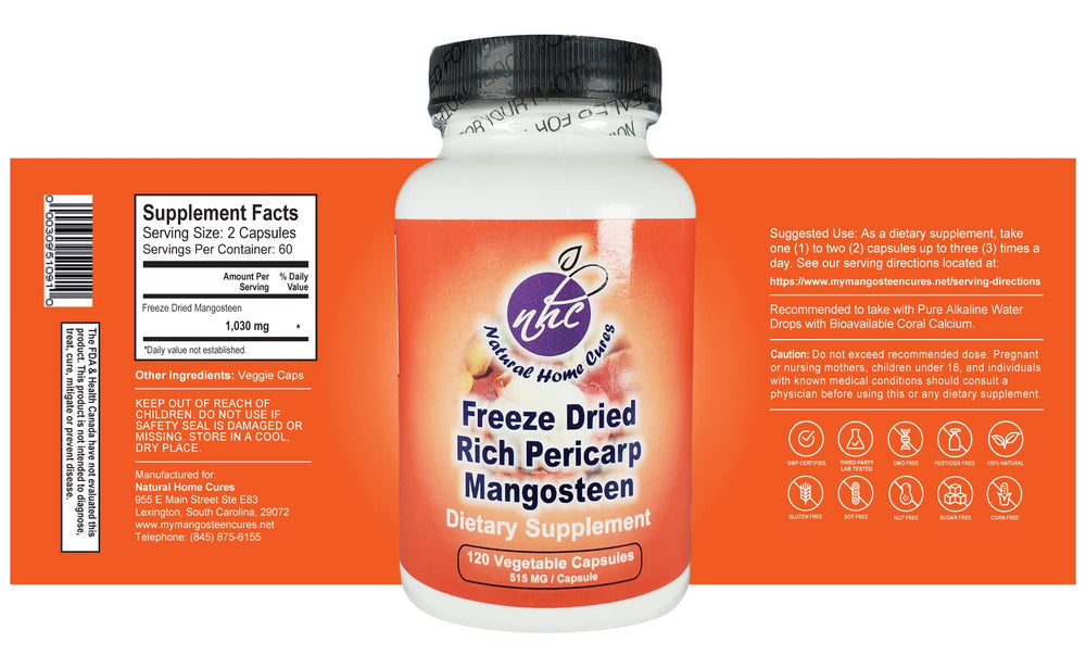 Close-up of Mangosteen Pericarp Capsules label