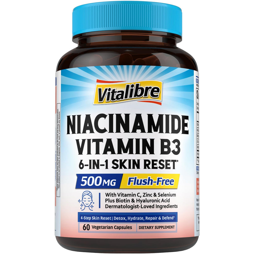Front view of Niacinamide Vitamin B3 500mg No-Flush bottle