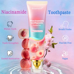 Close-up of toothpaste tube with niacinamide, mint and peach extracts