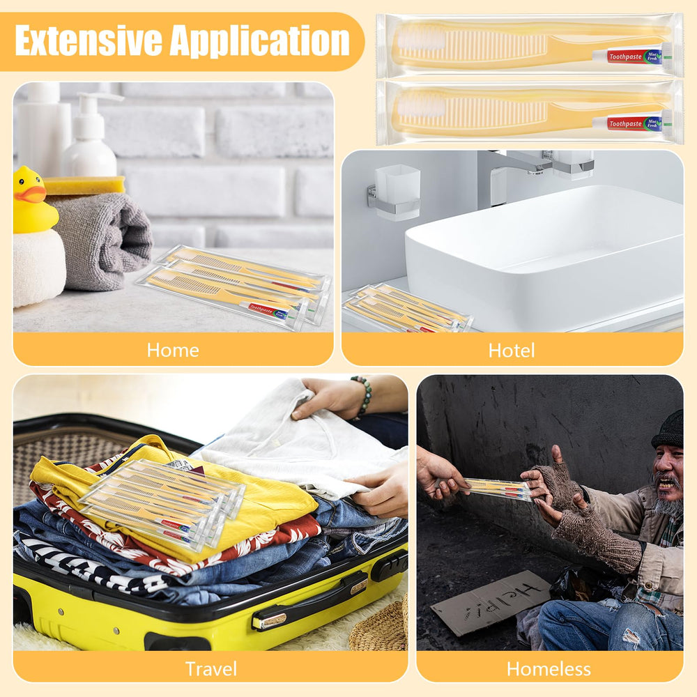 Yellow disposable toothbrush with comb and toothpaste