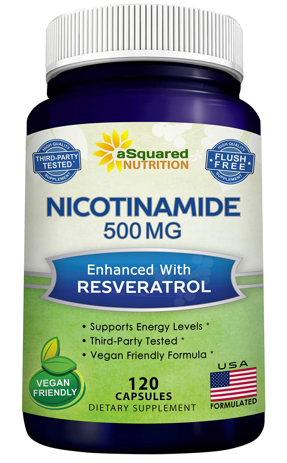 Bottle of aSquared Nutrition Nicotinamide with Resveratrol 120 veggie capsules
