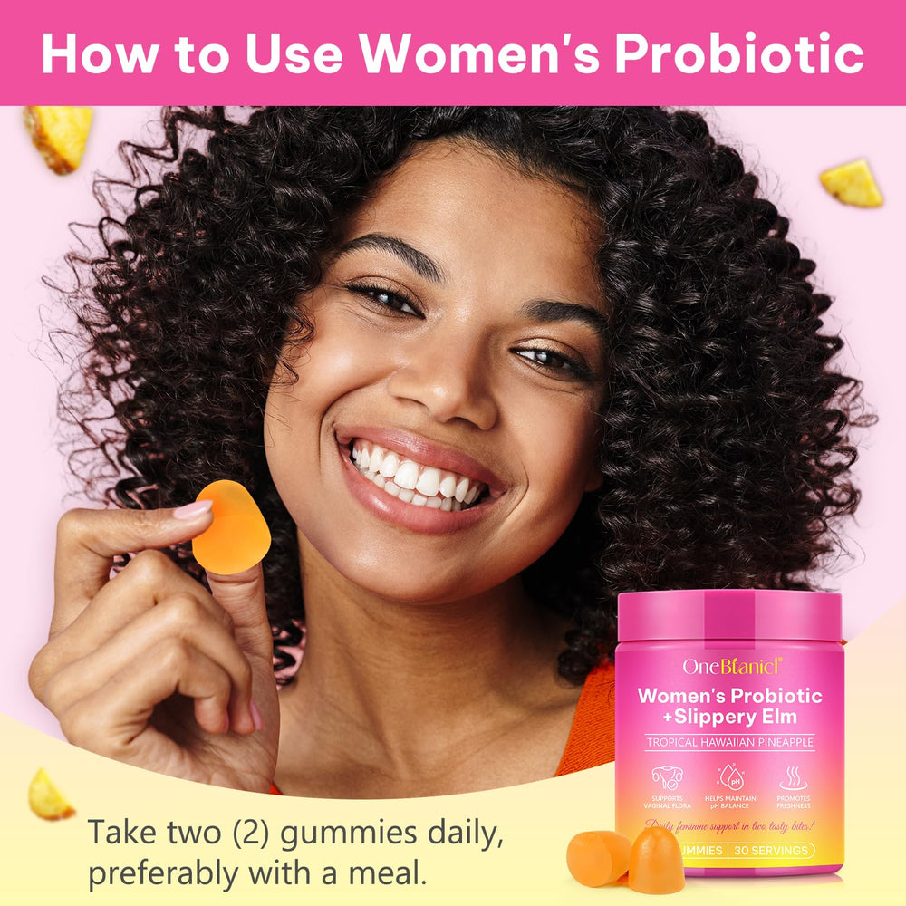 Lifestyle shot of a woman taking a gummy