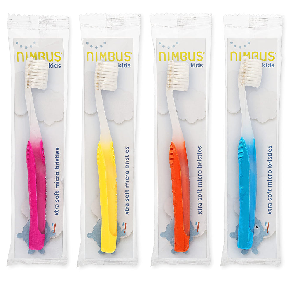 Close-up of Nimbus Nimby kid's toothbrush bristles showing extra-soft Microfine Technology.