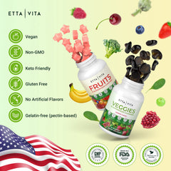 Close-up of nine superfruits and thirty veggies per chew