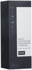 Close-up of NIOD Multi-Molecular Hyaluronic Complex bottle with dropper