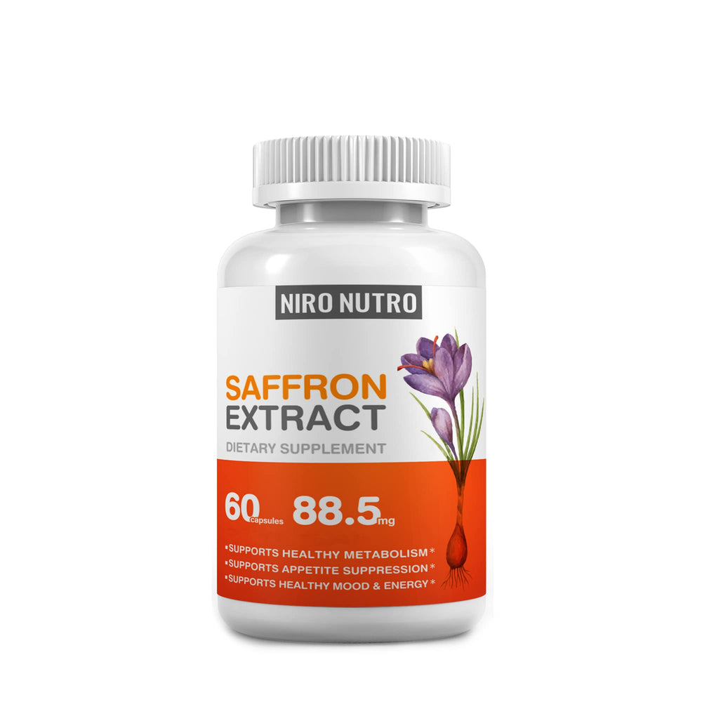 Niro Nutro Saffron Supplements bottle with 60 saffron extract capsules
