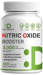 Nitric Oxide Booster bottle with 3,000mg per serving label