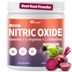 Bottle of Nitric Oxide supplement with beetroot powder and Blackberry Lemon flavor