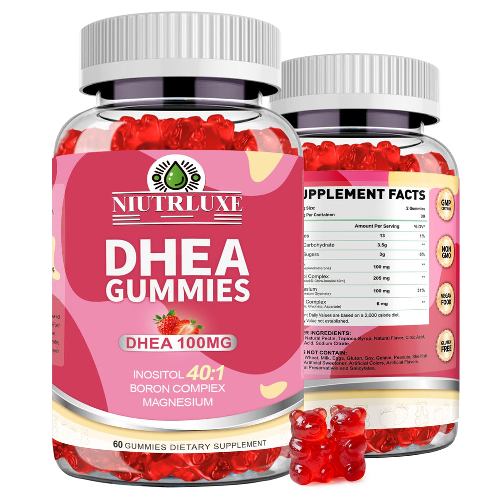Niutrluxe DHEA Gummies bottle on white background
