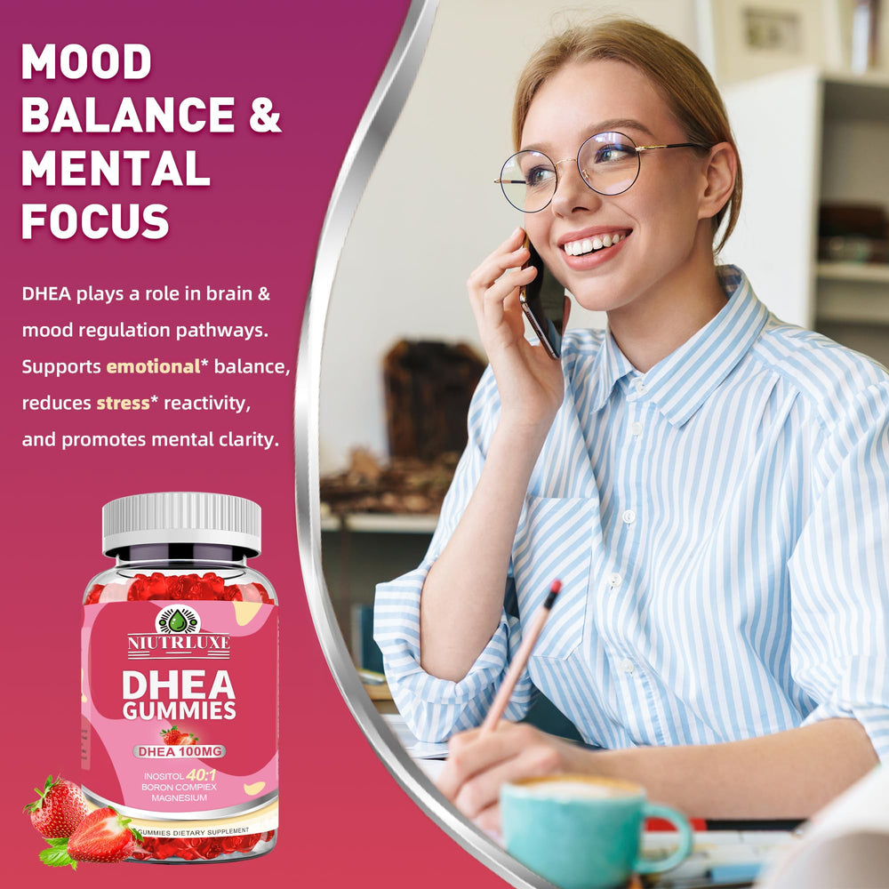 Ingredients highlight showing DHEA 100mg, boron, inositol, magnesium