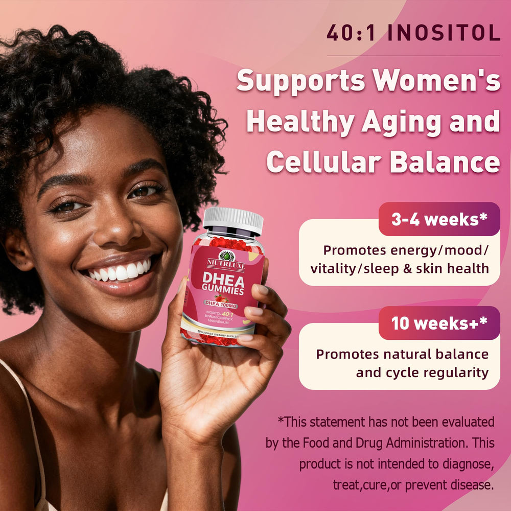 Close-up of Niutrluxe DHEA Gummies bottle label