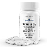Nivagen Vitamin D3 50,000 IU capsule showing weekly dose (1250 mcg)