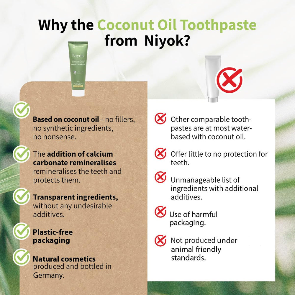 Label on toothpaste packaging showing fluoride-free, dye-free, and Non-GMO