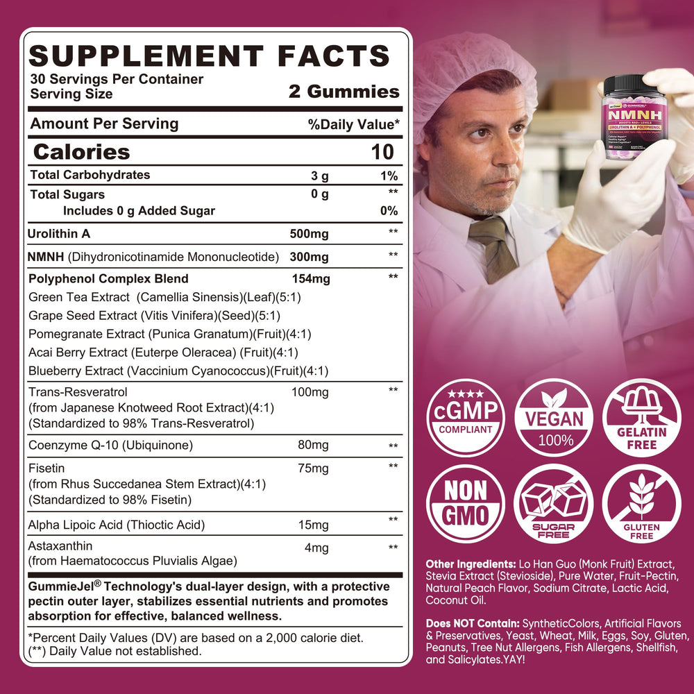 Close-up of peach flavored NMNH gummies