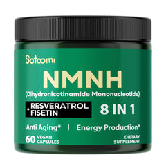 Product shot of 8in1 NMNH NMN supplement bottle and packaging