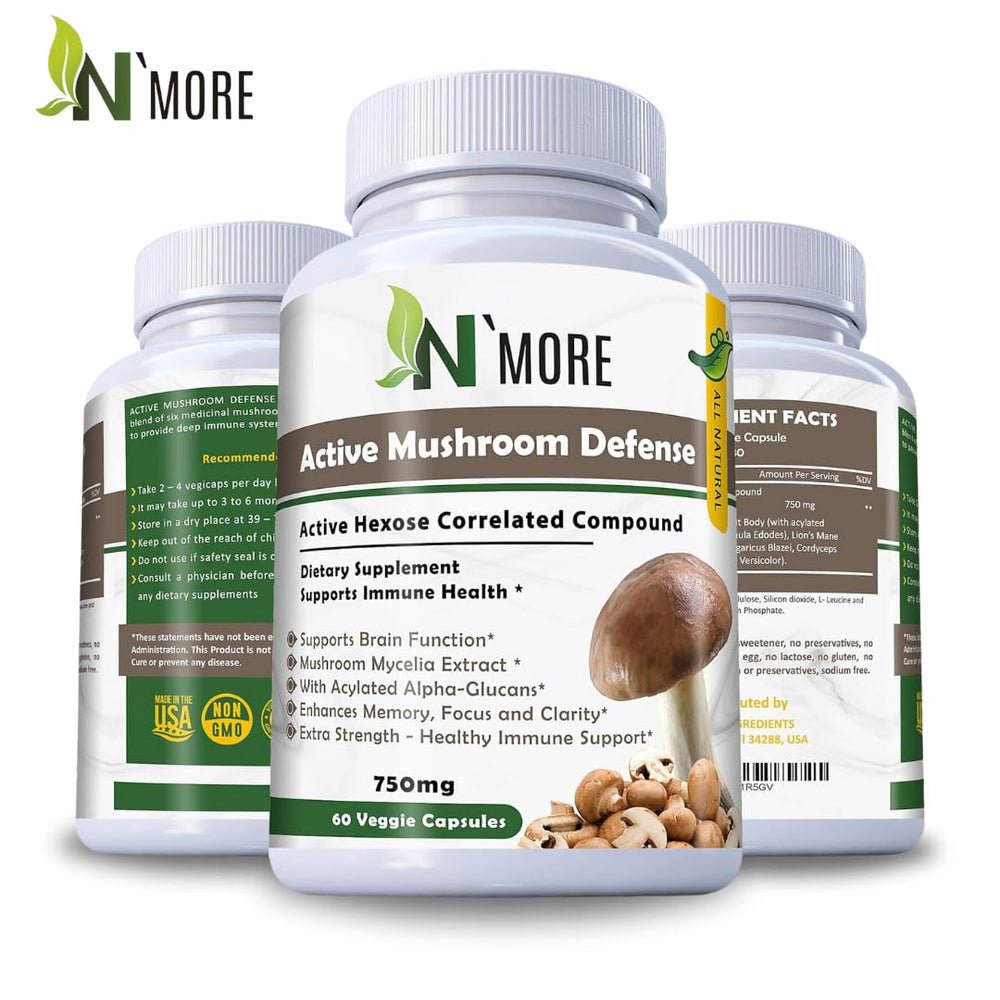 N'MORE Six Active Mushroom Defense supplement bottle label