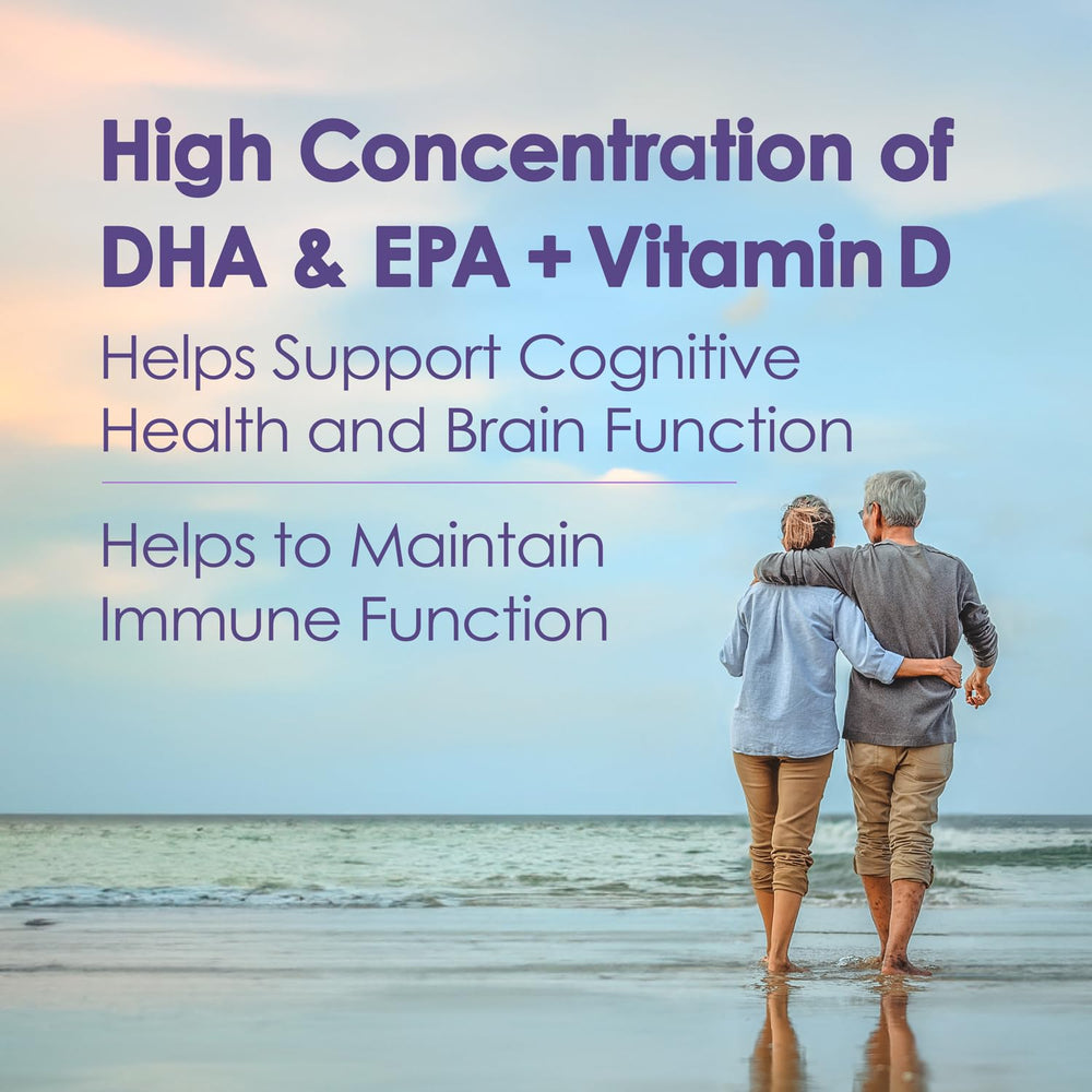 Lemon-flavored omega-3 liquid showing no aftertaste claim