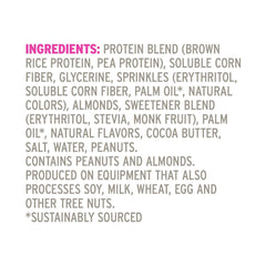 Close-up of No Cow Birthday Cake bar showing 21g protein