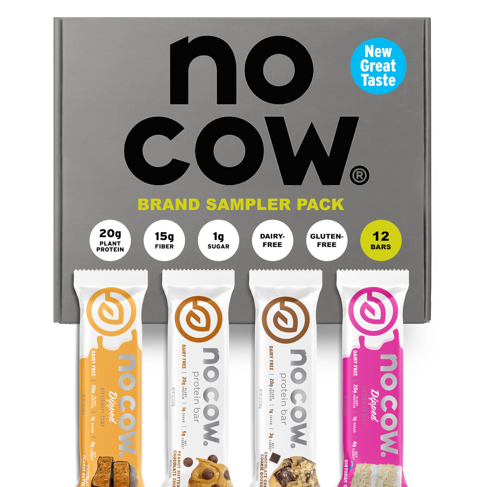No Cow vegan protein bars sampler pack front view with 12 bars
