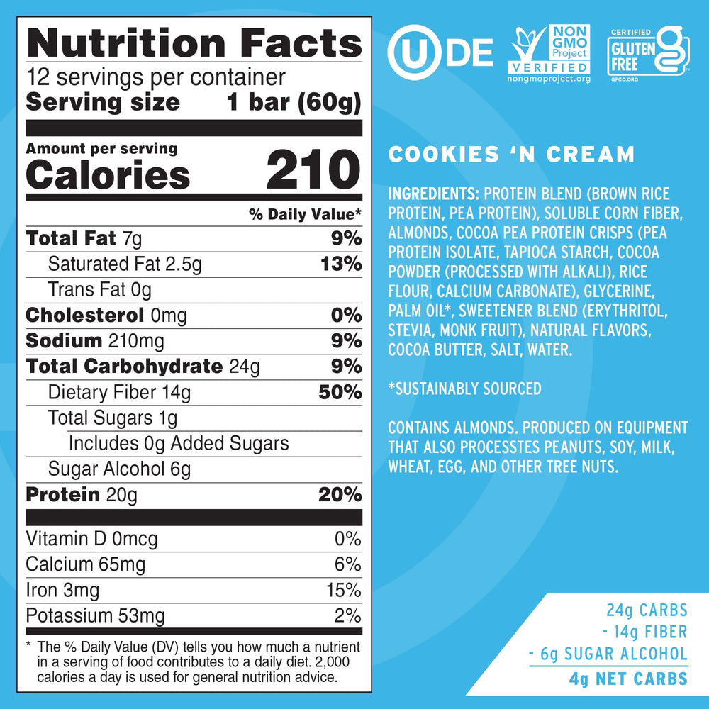 Box packaging for No Cow Cookies 'n Cream vegan protein bars