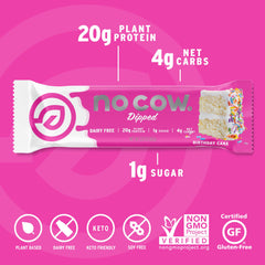 Close-up of No Cow Birthday Cake vegan protein bar